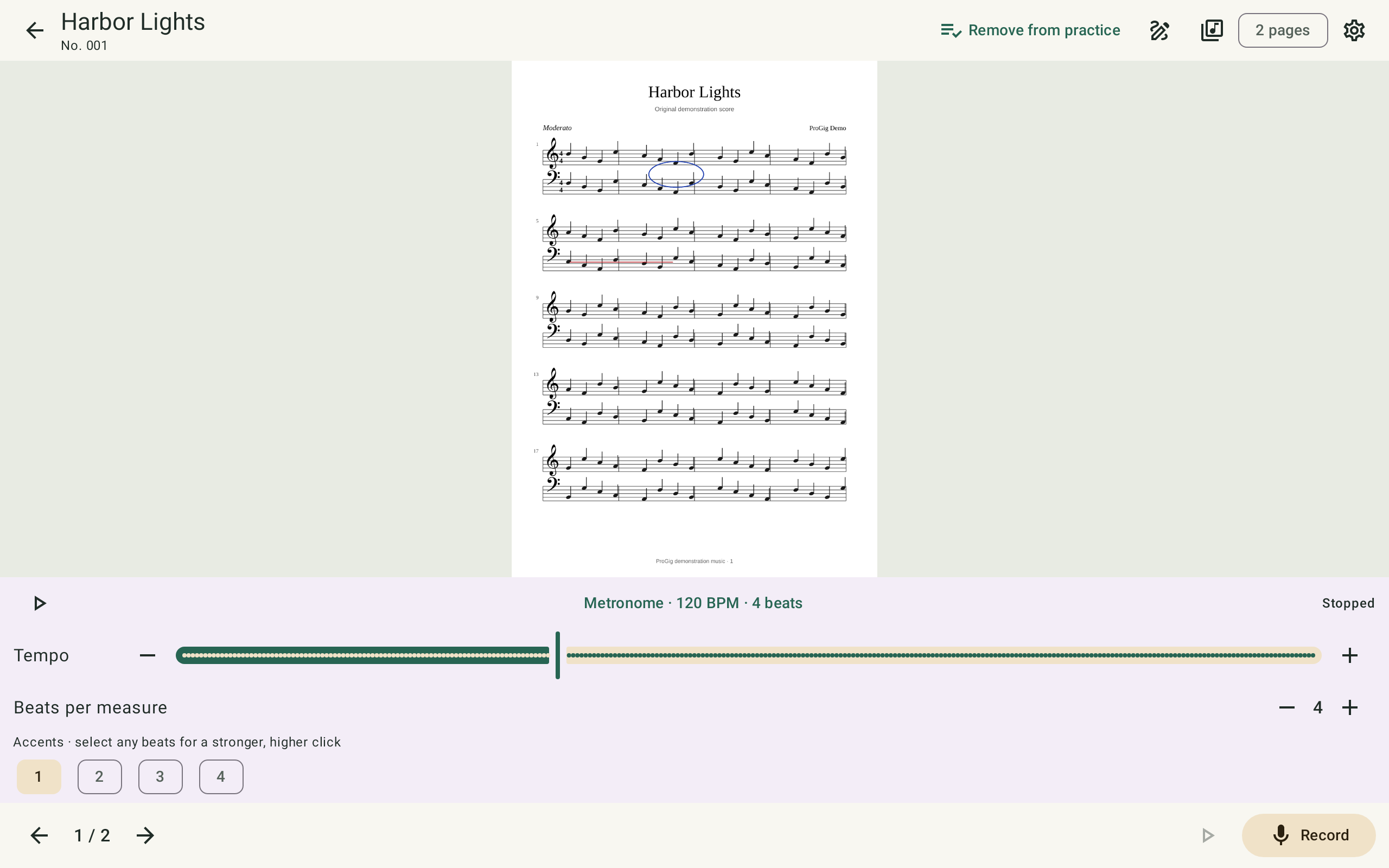 ProGig score reader with colored annotations and expanded metronome controls for tempo, beats, and accents.